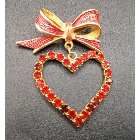 Heart Brooch Pin Beatrix Red Rhinestone Vintage Valentines Day Dangle Accent - Picture 2 of 13